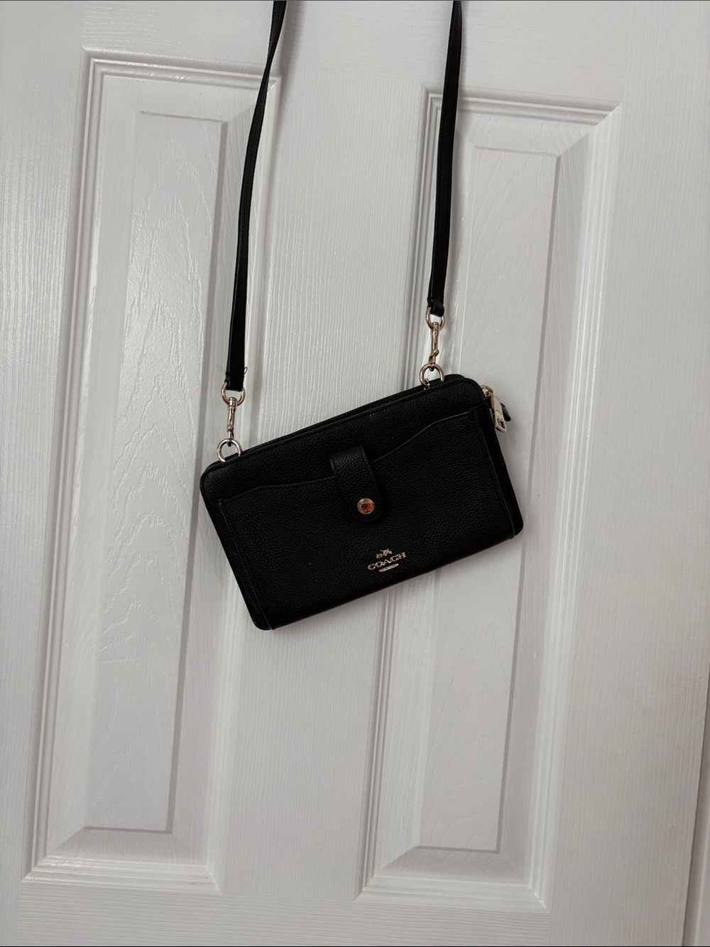 Coach Black Pebbled Leather Crossbody Wallet with Gold Hardware